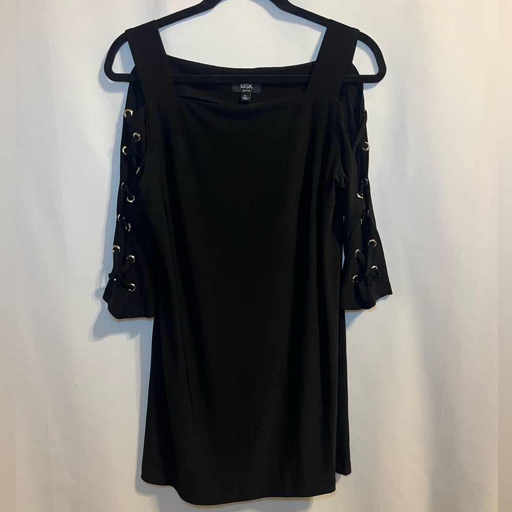 MSK Black Mini Dress with Grommet Lace Up Sleeves Womens Size Petite Large
